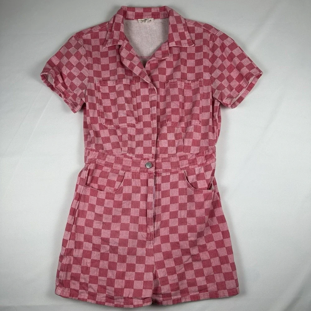 Entro Pink Checkered Romper Size S Button Front Collared Elastic Waist Y2K Retro - Picture 1 of 7